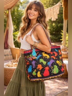 Laurel Burch 90’s Large Tote Mythical Dogs Colorful Zip Top Vintage Art Retro
